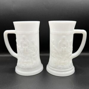 (2) Vintage Federal Milk Glass Beer Steins Mugs Tavern Scene 6" Set